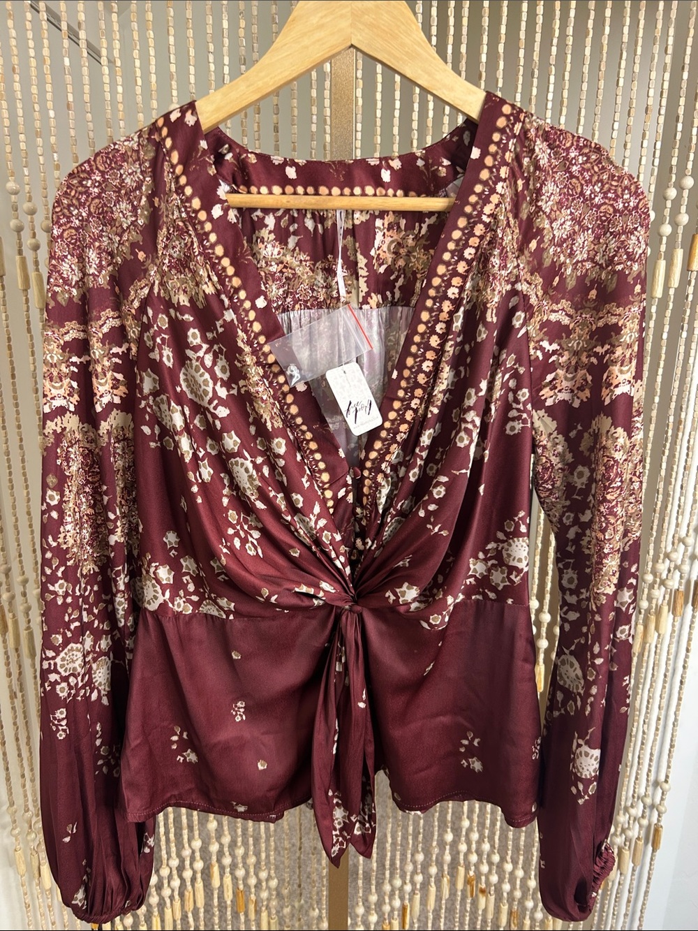 Free People Run Free Burgundy Floral Tie-Front Blouse - Picture 1 of 10